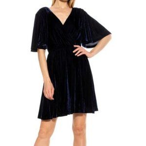 Alexia Admor Oakless Navy Velvet Flutter Sleeve Fit and Flare Dress Medium $245